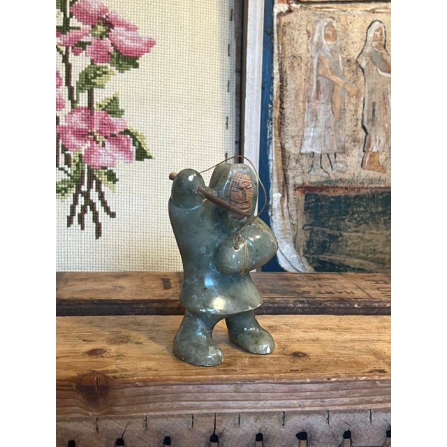 Mid-Century Modern 1970s Indigenous Hunter Pnw Carved Stone Art Figurine For Sale - Image 3 of 8