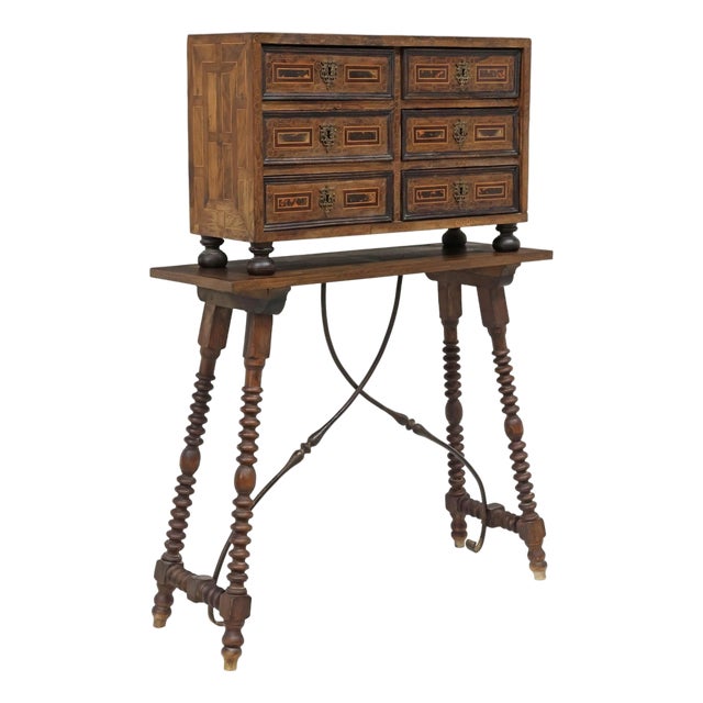 Antique European Baroque Period Spanish Italian Bargueño Table Cabinet on Stand For Sale
