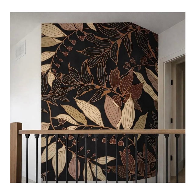 Luxurious WallBlush botanical peel-and-stick wallpaper featuring a flowing leaf motif in layered purple, cream, brown, and...