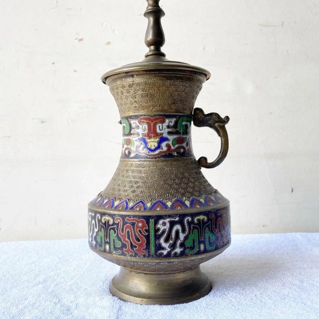 Japanese Brass and Enamel Champleve Table Lamp For Sale - Image 4 of 11