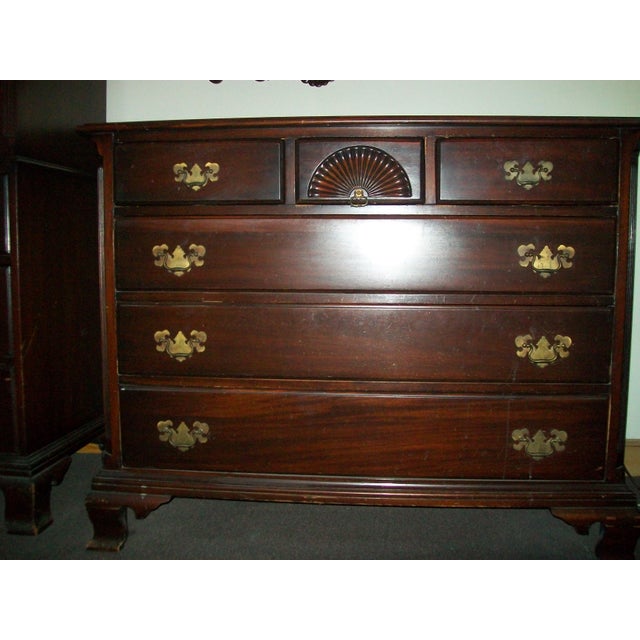 This wide dresser is part of a Columbia Myers bedroom suite from the 1950s. Built from aged mahogany wood, it features...