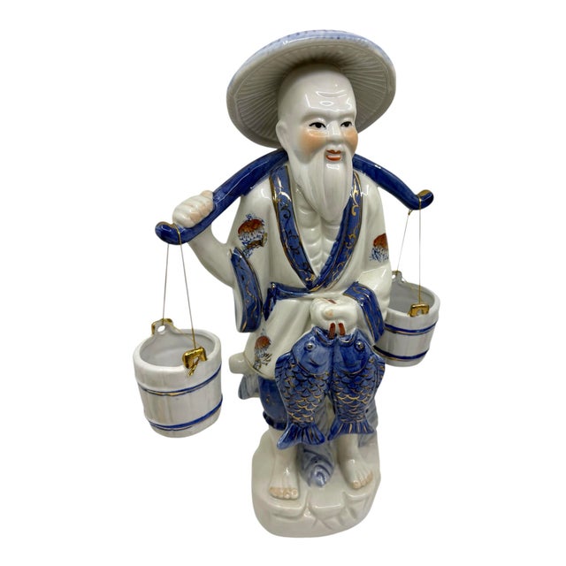 Blue and White Asian Man and Woman Fishing Statues- A Set For Sale - Image 4 of 12