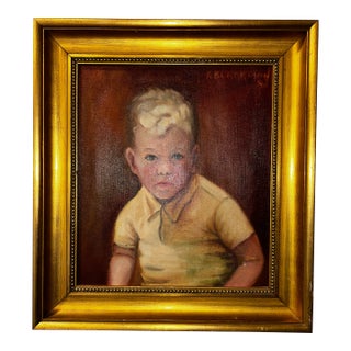 Vintage 1940 Oil Portrait of Boy, Signed R. Blackmon, Original Gilt Frame For Sale