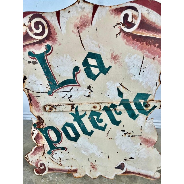 Great 1930's European French hand painted Pottery Store Sign. The sign is painted on both sides. Some paint is missing and...