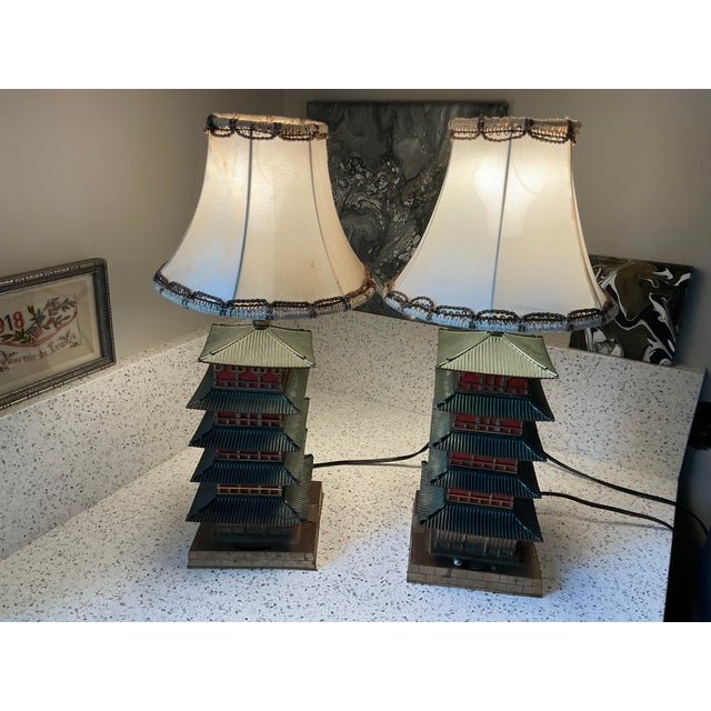 1940s Enameled Metal Pagoda Lamps - A Pair For Sale - Image 4 of 8