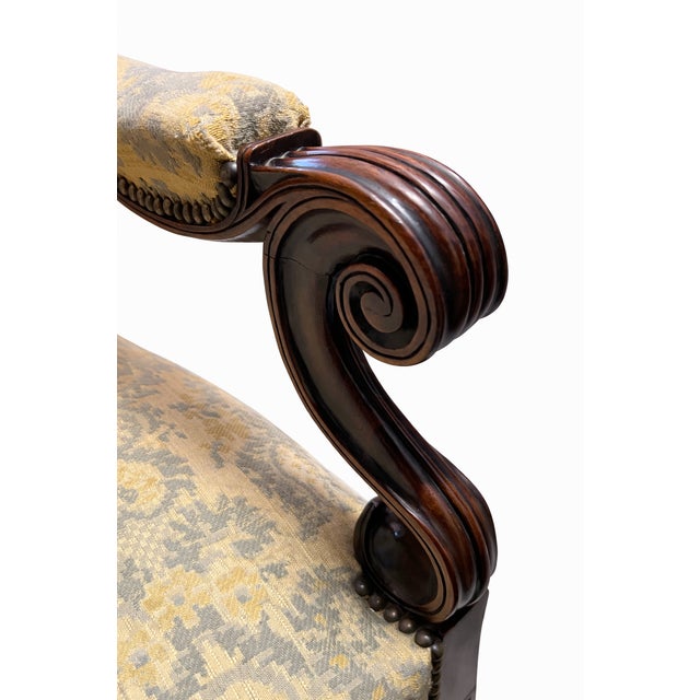 Wood Antique French High-Back Armchair with Damask Upholstery For Sale - Image 7 of 9