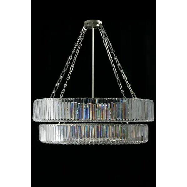 Double Tier Chandelier with Czech crystal vertical framing elements, sunburst crystal patterning on bottom.