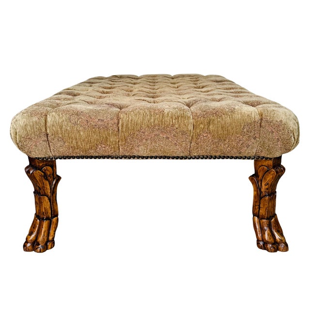 Vintage Large Traditional Tufted Ottoman Coffee Table With Carved Lion Paw Feet For Sale - Image 4 of 10