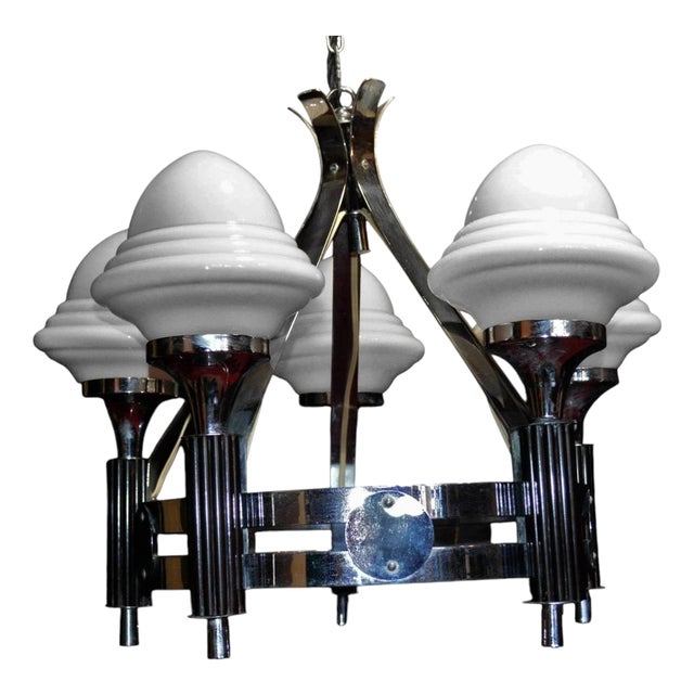 Art Deco French Five-Light Chrome, Bakelite & Opaline Glass Chandelier, 1930s For Sale