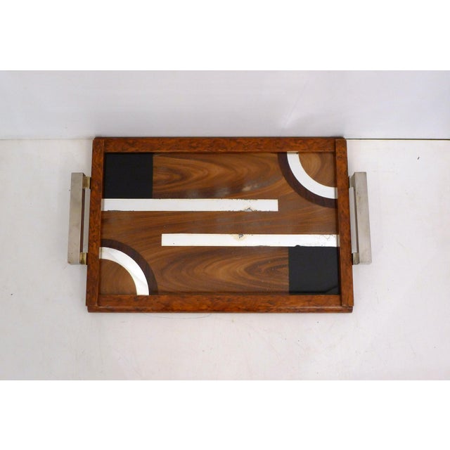 Modernist Art Deco serving tray: rectangular shape, wooden frame (painted in a burl wood style), with elegant square-...