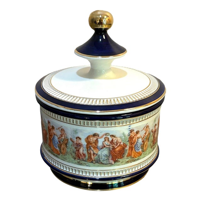 Florentine Blue/White Ceramic Round Box For Sale