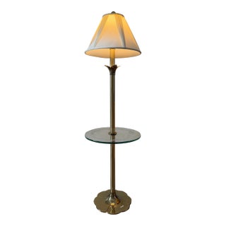Vintage Stiffel Solid Brass Tulip Floor Lamp With Etched Glass Table Shelf For Sale