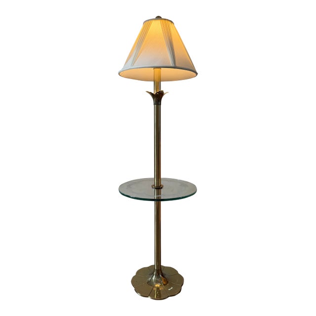 Vintage Stiffel Solid Brass Tulip Floor Lamp With Etched Glass Table Shelf For Sale