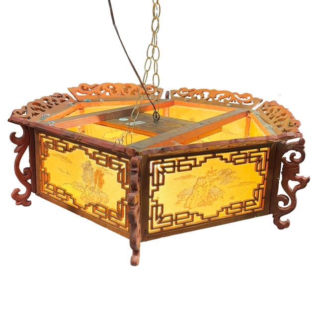1950s Mid-Century Carved Chinese Rosewood Painted Lantern Hanging Chandelier Lamp For Sale - Image 9 of 14