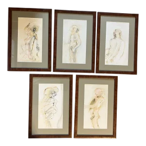1970’s Gallery Wall Collection 5 Abstract Nude Paintings /Drawing Vintage Frames-Set of 5
