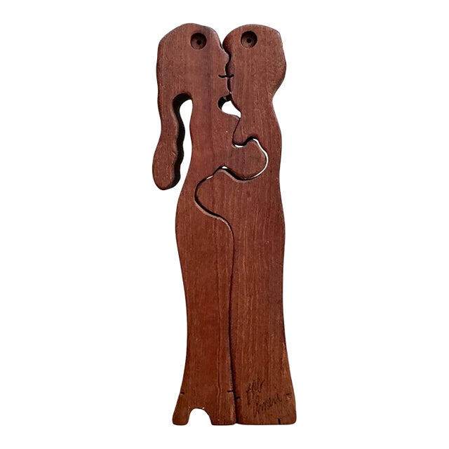 Vintage Abstract Lovers Wood Sculpture For Sale