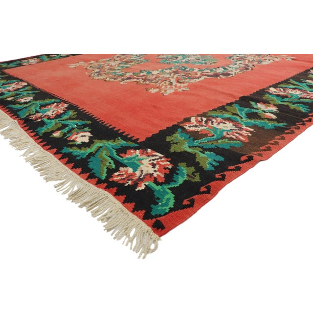 70271 Vintage Turkish Rose Kilim Rug, 09'00 x 10'11. The Chintz Blossom Royale: A Vintage Turkish Rose Kilim of Exquisite...