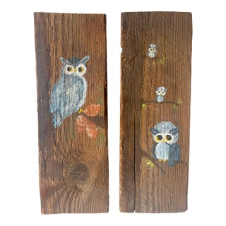 Late 20th Century Folk Art Owl Paintings on Reclaimed Wood, a Pair For Sale