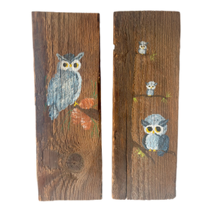 Late 20th Century Folk Art Paintings of Owls on Reclaimed Wood, a Pair
