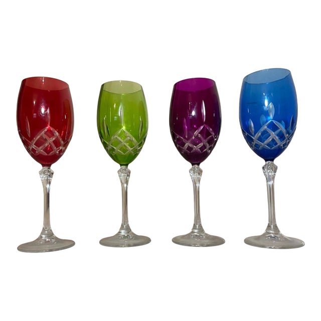 Lot of 4 Vintage Cut to Clear Crystal Glass Cordial White Wine Goblet Glasses For Sale