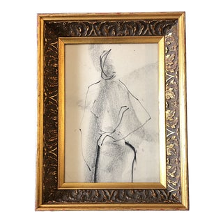 Original Vintage Abstract Charcoal Fashion Study Drawing Vintage Frame 1950's For Sale