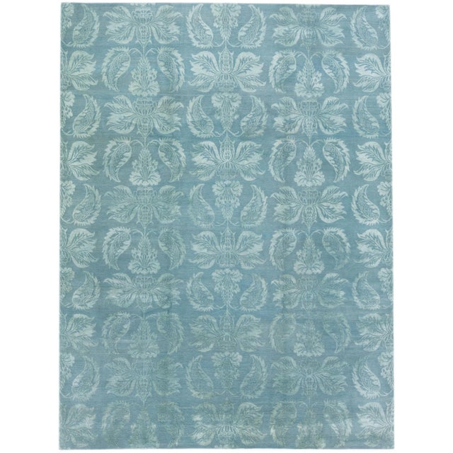 Textile 2010s Floral Blue Contemporary Nepalese Wool & Silk Rug For Sale - Image 7 of 7