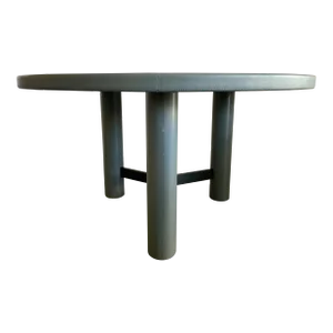 Italian Postmodern Gray Leather & Black Glass Round Table