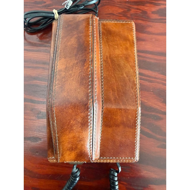 Mid-Century Modern Vintage Stitched Tan Leather Covered Telephone For Sale - Image 3 of 8