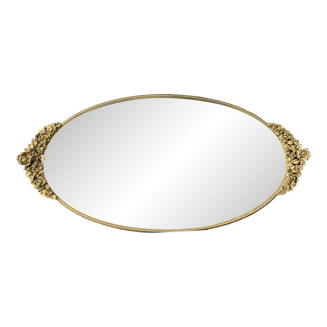Vintage Floral Oval Mirrored Vanity Tray For Sale