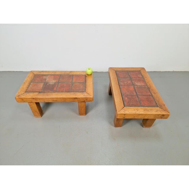 Brutalist Brutalist Oak Side Tables with Terracotta Tiles, 1950s, Set of 2 For Sale - Image 3 of 12