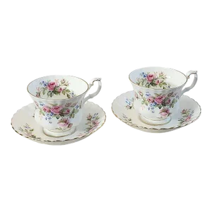 1950s Royal Albert Moss Rose Teacup and Saucer Set - 4 Pieces