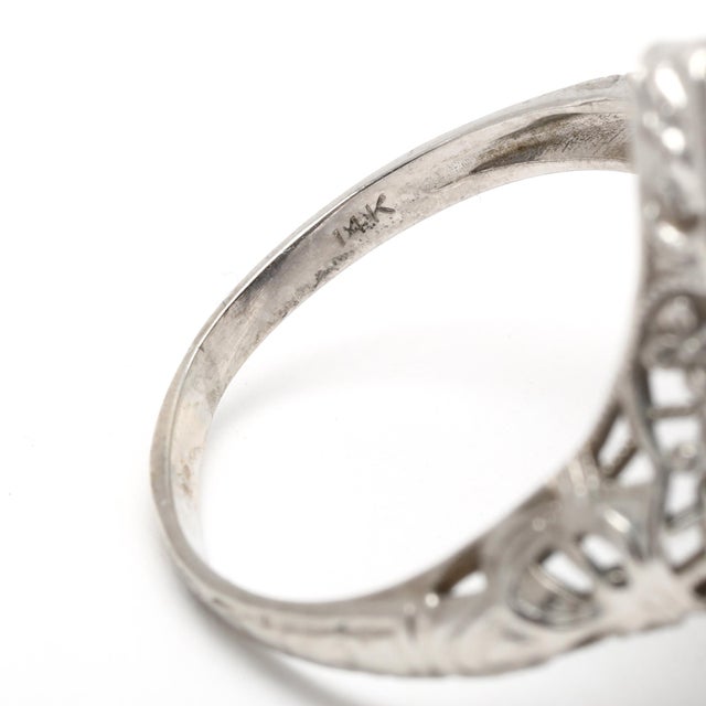 1930s Vintage 14k White Gold Black Onyx & Diamond Navette Filigree Ring, Ring Size 6 For Sale - Image 5 of 6