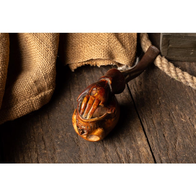 Figurative Vintage Memento Mori Skull Pipe With Cast Iron Hand Tray For Sale - Image 3 of 11