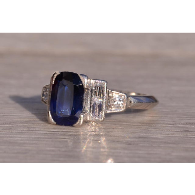 1920s Rue Montorgueil: Elongated Treated Sapphire in Antique Platinum and Natural Diamond Ring For Sale - Image 5 of 11