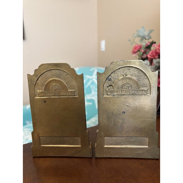 Early 20th Century Art Deco Brass Enamel Bookends Chinese Woman Flute Moonlight Sonata For Sale - Image 4 of 5