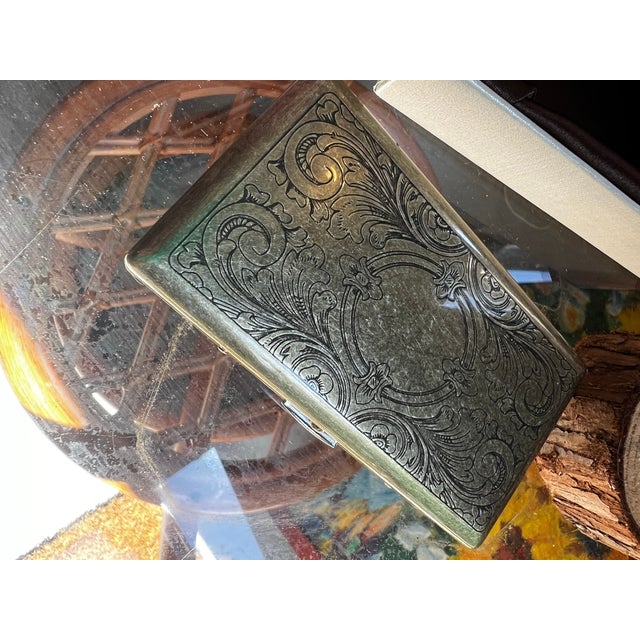 Brass Vintage Pair of Brass Etched Cigarette Cases For Sale - Image 8 of 12