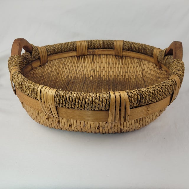 Farmhouse Vintage Round Woven Wicker Rice Basket With Wood Handles Rustic Boho For Sale - Image 3 of 11