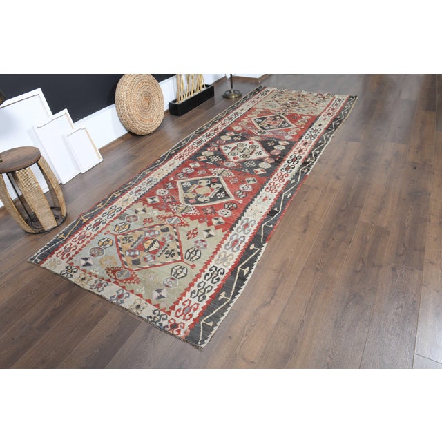 Textile 1970s Vintage Handmade Wool Cotton Red Runner Rug For Sale - Image 7 of 11