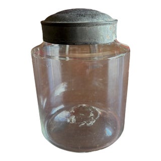 A Nice Antique Blown Glass Storage Container With Tin Lid, Circa 1850 For Sale