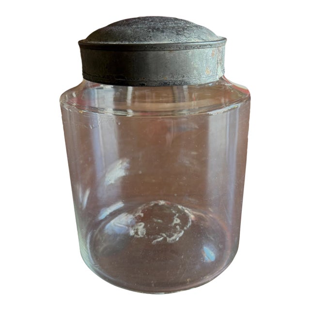 A Nice Antique Blown Glass Storage Container With Tin Lid, Circa 1850 For Sale