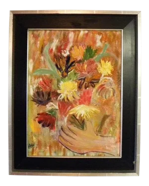 Mid Century Vintage Oil Painting of Hands Holding Flowers
