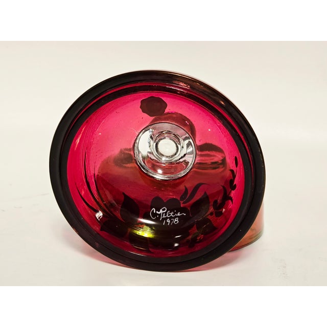 Westmoreland Handmade Ruby Glass Lidded Bowl With Floral Motif, Signed C. Peitier, 1978 For Sale - Image 11 of 12