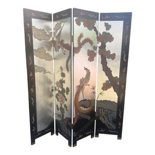 Vintage Chinoiserie Four-Panel Phoenix Folding Screen With Silver-Tone Ground For Sale