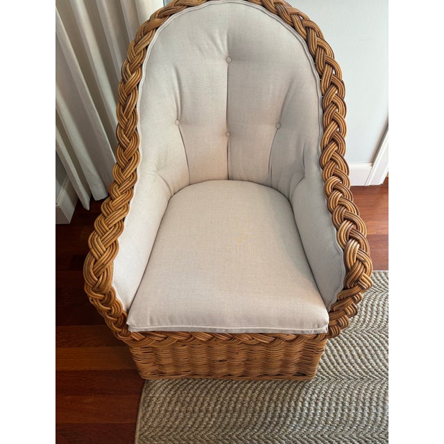 Wood 1960s Vintage Cottage Wicker Braided Rattan Arm Chairs With New Upholstery - Set of 2 For Sale - Image 7 of 10