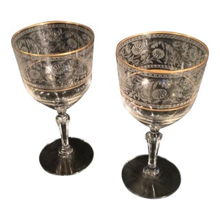 1970s Pair of Fostoria Etched Glasses With 24k Gold Trim at Rim! For Sale