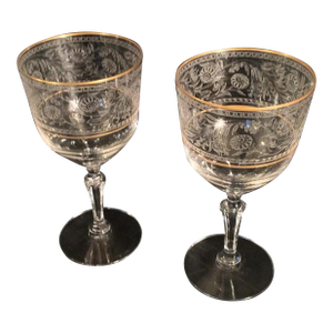 1970s Pair of Fostoria Etched Glasses With 24k Gold Trim at Rim!