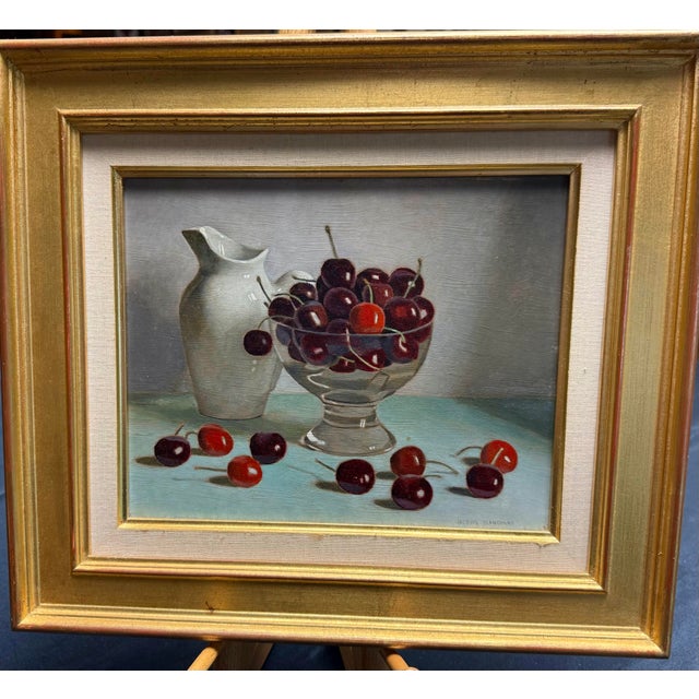 Realism Mid 20th Century Jacques Blanchard Original Oil Painting Still Life Cherries Signed Gold Framed For Sale - Image 3 of 10