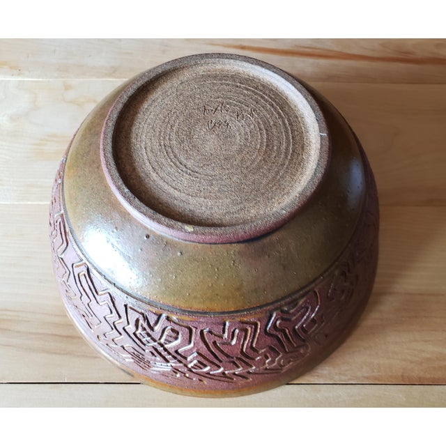 Contemporary Studio Pottery Bowl Signed | Celadon Glaze & Carved Relief | Kyle, 1988 For Sale - Image 3 of 7