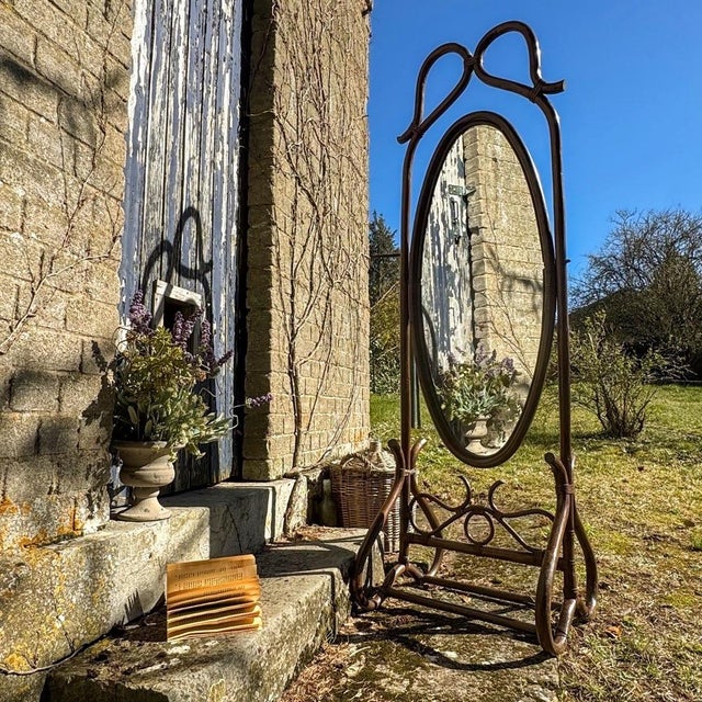 Boho Chic Curved Wooden Psyche Mirror, 1960s For Sale - Image 3 of 15