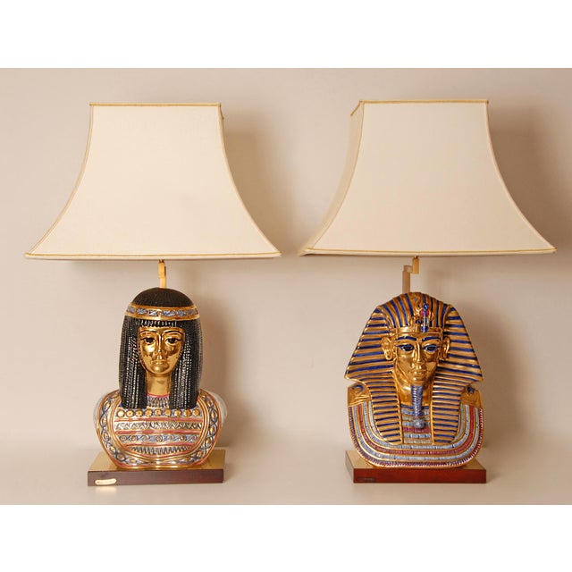 Italian Table Lamps Capodimonte Porcelain King Tut and Cleopatra Gold - A Pair For Sale - Image 17 of 17